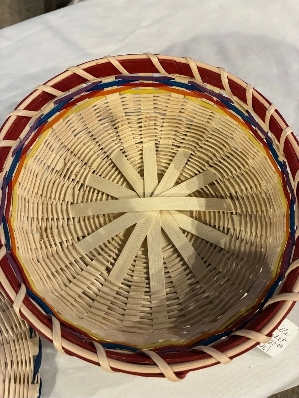 Handwoven Tortilla Basket Natural Wicker Basket Multicolor Accent Lid Wood Knob